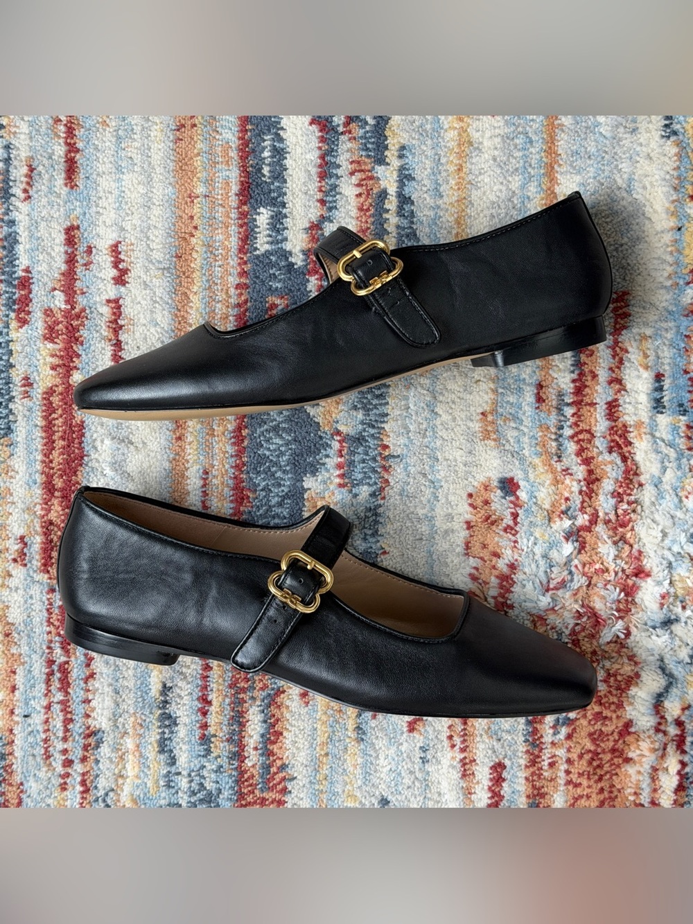 Sam Edelman Black Leather Mary Jane Flats with Gold Buckles